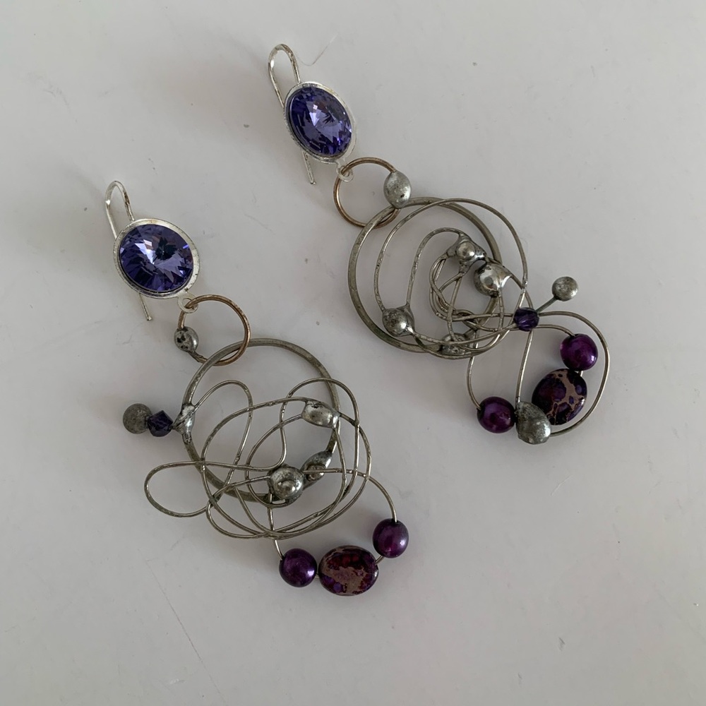 Twisted Silver Wire Purple Stone Bead Dangle Earrings Stud Drop Artistic Artisan